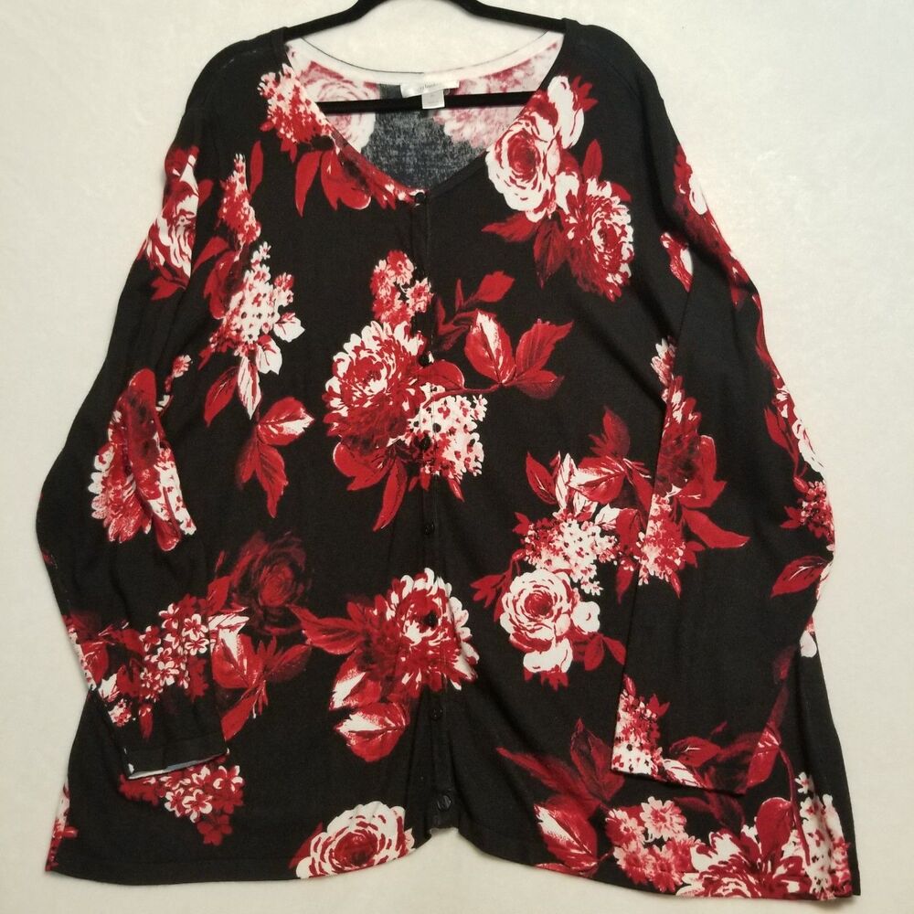 CJ Banks 2X Cardigan Sweater Black Red Floral Stretch Button Front Whimsigoth